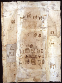 Dawn Southworth, BURNT OFFERINGS #1 (2003) mixed media on paper, antique ironing board covers, thread, pencil, stain, fire, and pyrography 40 in x 32 in