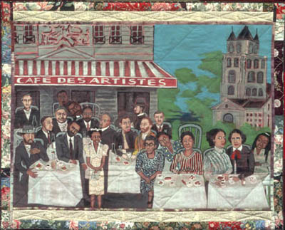 Faith Ringgold's Le Cafe des Artistes, (The French Collection, Part II: #11), 1994, acrylic on canvas with fabric boarders, 79 1/2 x 90 inches, private collection