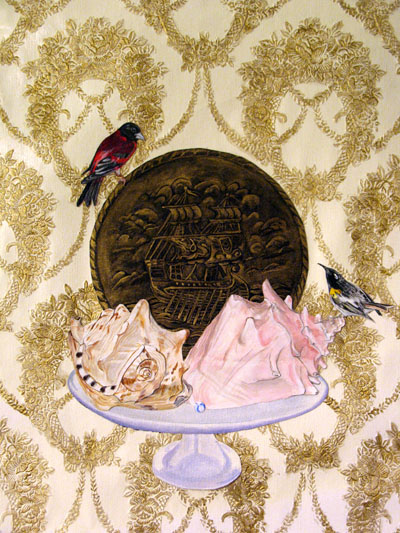 Candice Smith Corby, detail of ESTATE OF THINGS (2009), acrylic on cut-out canvas on painted wallpaper (objects are life size)