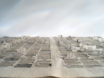 Patricia Shannon, OPEN HOUSE (2008), cut newspapers, acrylic gel, binder's board 17 in x 24 in x 22 in