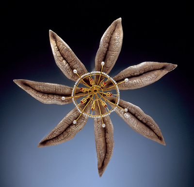 Heather White, MURMURING BROOCH (2006), cast sterling lips, gold, rubies, seed and cultured pearls, 4.75 x 4.75 x .75 in