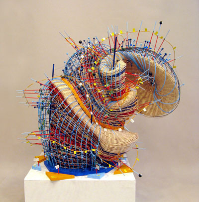 Nathalie Miebach, TEMPORAL WARMTH: TANGO BETWEEN AIR, LAND, and SEA (2008), Reed, wood, weather data collected on Cape Cod, 36X38x32 in