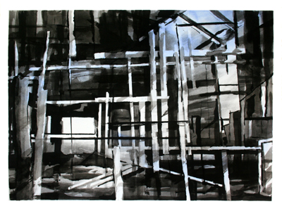 Scott Tulay, BARN INTERIOR (2009), ink, pastel, charcoal, 22X30 in