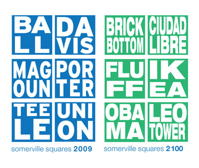 Bill Ritchotte, FUTUREVILLE, suggesting future Squares of Somerville, from the History of Somerville, 2010-2100 project