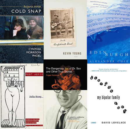 Cover art from books by MCC fellows/finalists. Top, l to r: COLD SNAP by Cynthia Morrison Phoel (SMU Press, 2010); FOR THE CONFEDERATE DEAD by Kevin Young (Knopf, 2008); EDINBURGH by Alexander Chee (paperback edition, Picador, 2002); Bottom, l to r: POST MOXIE by Julia Story (Sarabande Books, 2010); THE DANGEROUS JOY OF DR SEX AND OTHER TRUE STORIES by Pagan Kennedy (Santa Fe Writers Project, 2008); SCATTERSHOT by David Lovelace (paperback edition, Plume, 2009)