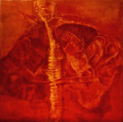 Christine Arveil's Spinesax, 2008, violin varnish and pigments over gesso on wood, 48 inches x 48 inches