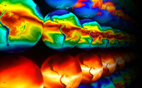Department of Energy photograph, Image I.D. Number 2020754, Oak Ridge National Laboratory, November 3, 2009. These images show the simulation monthly averaged distribution of the total column water vapor from a high-resolution configuration of the Community Climate System Model Community Atmospheric Model