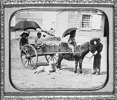 Daguerreotype from the American Memory Collection of the Library of Congress. Children of Lt. Montgomery C. Meigs, in donkey cart with dog, probably Mary Montgomery, Charles, Montgomery, and John Rodgers. Published between 1850 and 1851. Photographer unidentified.
