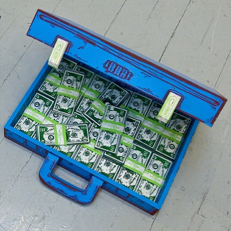 Luke O'Sullivan, SUITCASE (100,000 DOLLARS) (2009), screenprint on wood, 18x13x11 in