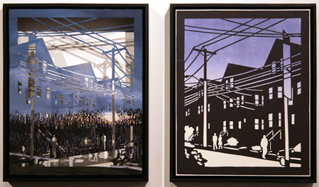 Rachel Mello, A SUPPOSEDLY GOOD IDEA (2008), Oil on hardboard cut to silhouette; relief prt of silhouette 21 1/2 h x 37 in diptych total