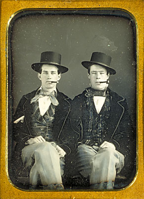 Daguerreotype portrait of James Rossi and William Bennett, equestrian performers. Photographer unknown. Date unknown. Harvard Theatre Collection (TC-93).