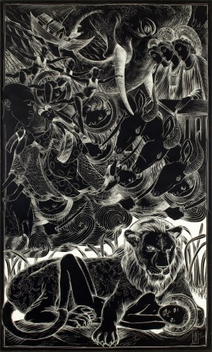 Ellen LeBow, REVELATION DELUGE (2010), black ink on white clayboard, 62x38x2 in