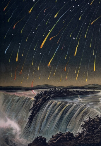 Leonid meteor shower over Niagara Falls, from BILDER-ATLAS DER STERNWELT (translation: Image Atlas of the Star World) by Edmund Weiss (Stuttgart, 1892). Courtesy of the U.S. Naval Observatory Library.