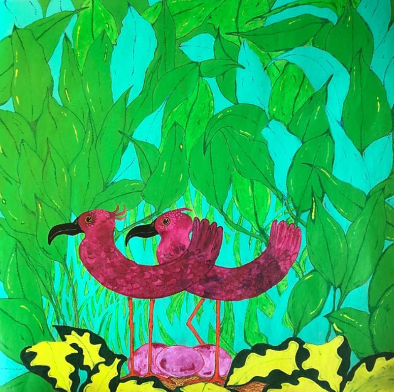 Painting of two pink exotic birds posed in profile, with hyper-vivid colors in the surrounding jungle.