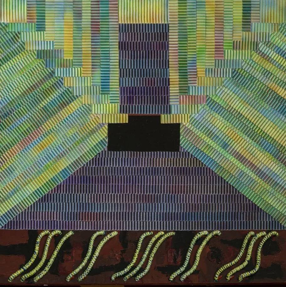 Abstracted mosaic with coils of green, yellow, and brown braids in a triangular shape around a black rectangle at center.