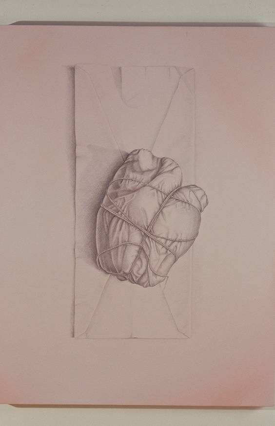 An illustration in silverpoint drawing technique of a package wrapped with paper and string, in the shape of an anatomical human heart.