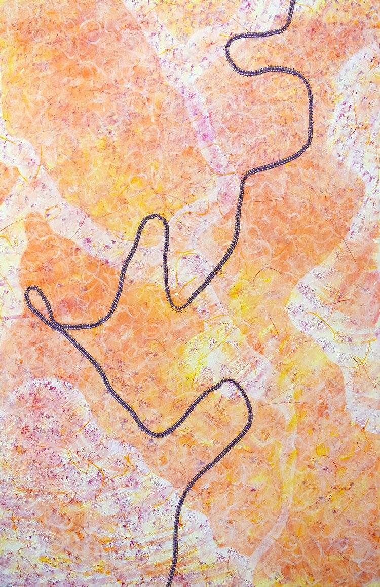 Abstract, multi-media work that depicts a track-like twisting shape atop an orange, yellow, and magenta background.