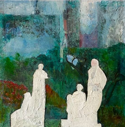 A tactile, visibly textured painting with mysterious, ambiguous figures grouped in front of a dreary landscape.