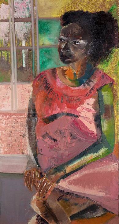 Painted portrait of a seated African American woman in a red dress, with visible brush strokes and paint marks.