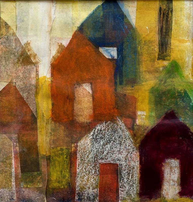 Painting of solid color, somewhat abstracted houses in rows.