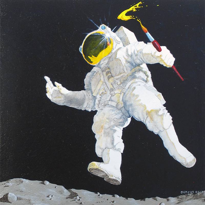Painting of an astronaut holding a giant paint brush, with a yellow paint splatter floating over the moon.