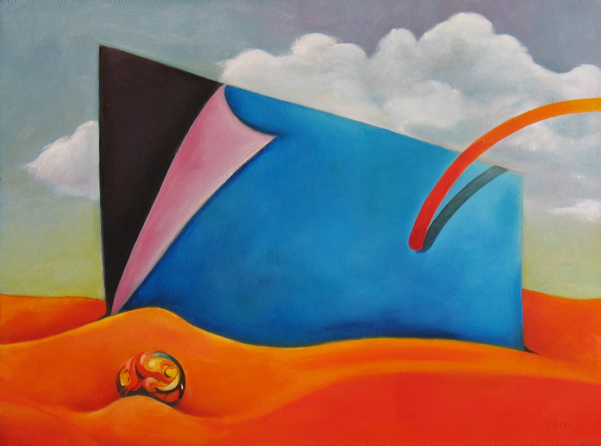 A surreal painting in heightened colors of a blue screen floating in a red sea.