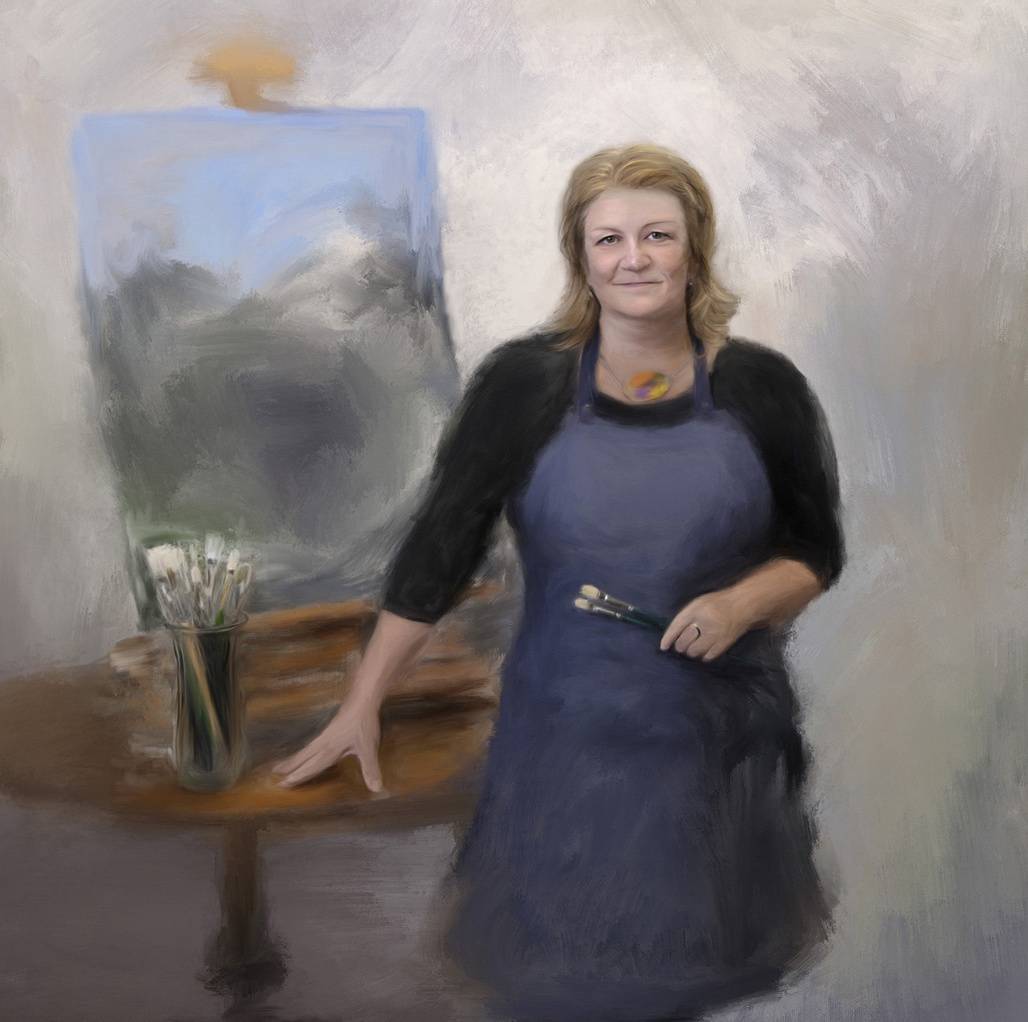 A detailed photorealistic painting of a middle-aged female painter wearing an artist's apron standing in front of a landscape painting on an easel.