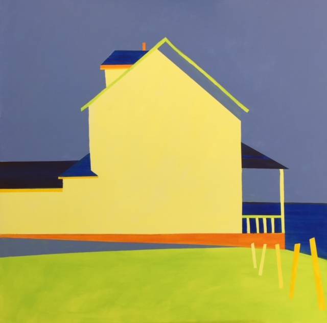 Painting of a home overlooking the sea, done with a restrained color scheme to create a more abstract or iconic result.