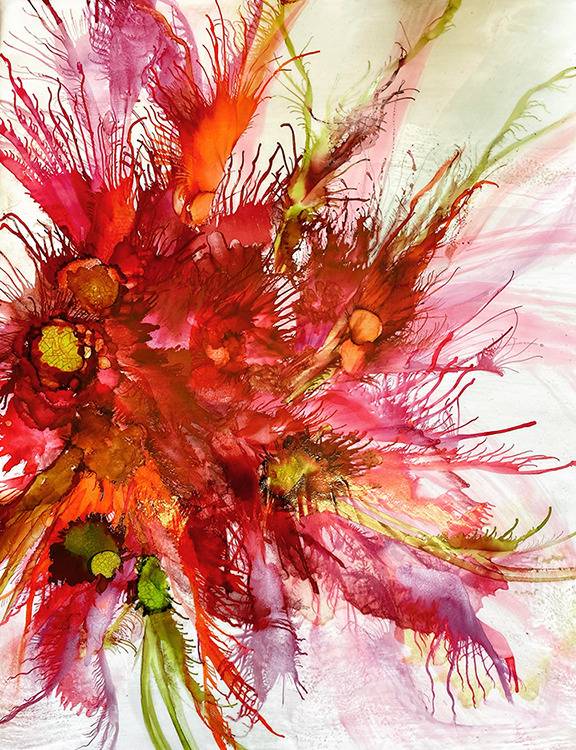 Bright and vivid painting depicting an abstracted floral cluster with deep reds, oranges, and yellows.