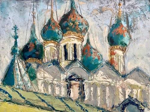 A vivid painting of a Byzantine-style fortress with onion domes.