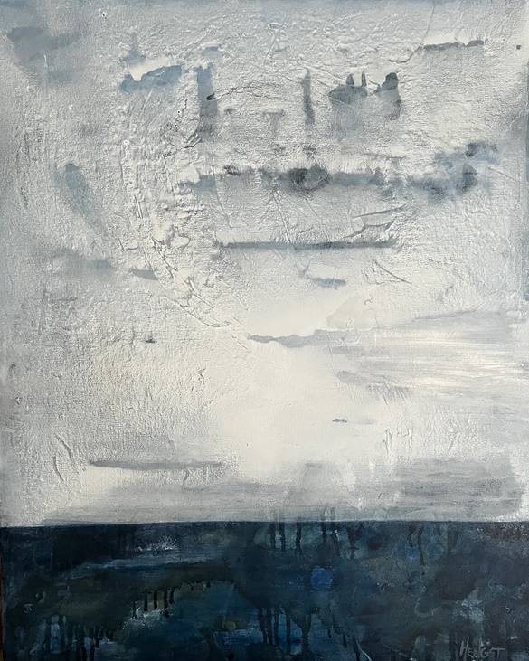 Painting of cloudy seascape in dark and muted tones and visible paint textures.