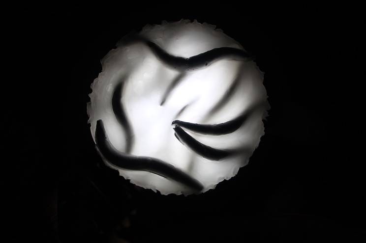 Sculpture in silhouette of a circular opening into a dark box, with black worm-like shapes appearing in the opening.
