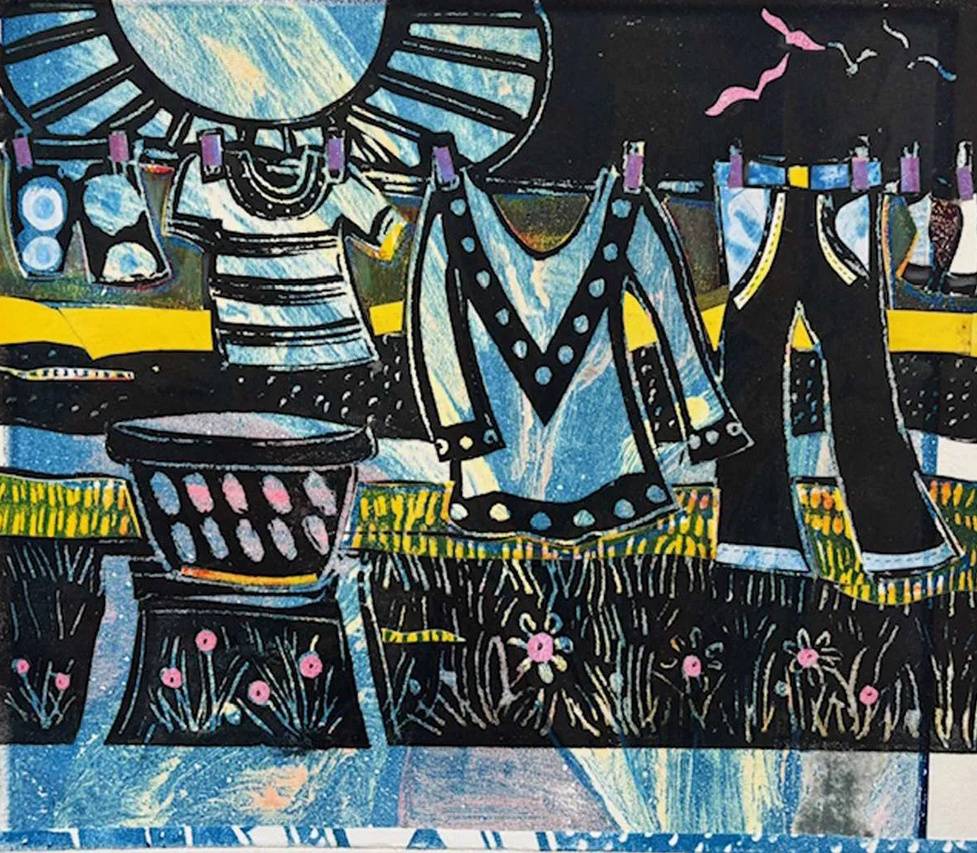 A print depicting clothes hanging from a backyard clothesline, with a dark color scheme of blue, black, purple, and hints of yellow.