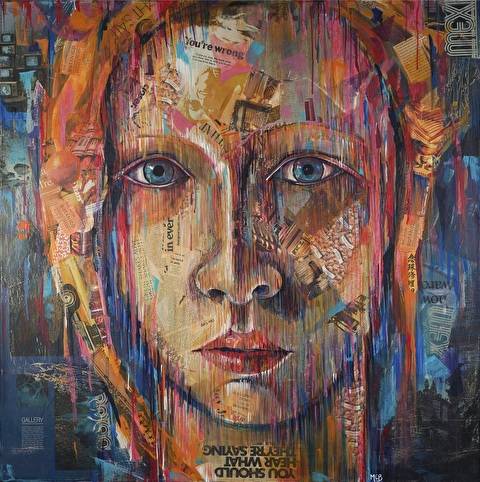 A moody painting of a woman's face in oranges and reds.