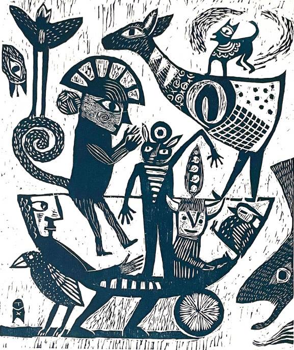 Woodcut print of a monkey, deer, birds, and others with large eyes and human-like features.