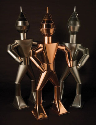 Tin Men, Metalwork, occupational tradition (2007), Sheet Metal Workers International Assn., Boston, Massachusetts, Copper, galvanized iron, stainless steel, 63 3/4 x 28 3/4 x 17 in. each. Courtesy of Sheet Metal Workers Local 17. Photography by Jason Dowdle