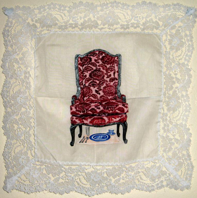 Candice Smith Corby, STARVING FOR ATTENTION (2007), gouache on handkerchief 12 in square
