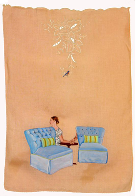 Candice Smith Corby, TIL DEATH DO US PART (2007), gouache on cloth napkin 14 in x 20 in