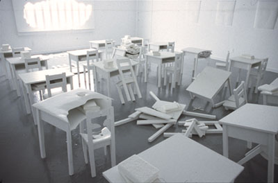 Julie Levesque, installation view of WHAT REMAINS (2002), wood & mixed media