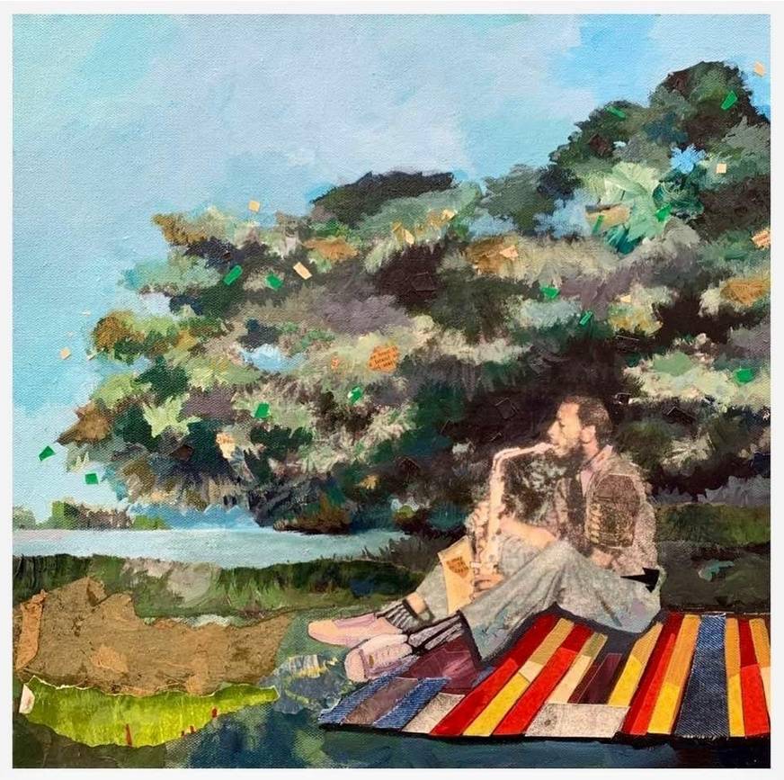 A painted collage of an African-American man sitting on a picnic blanket playing the saxophone.