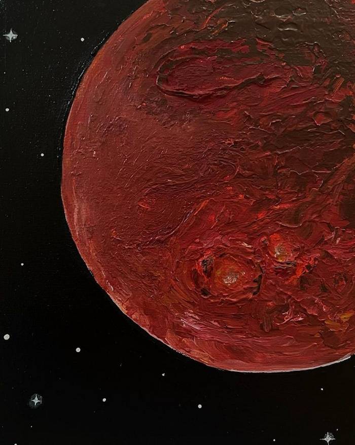 Lushly hued painting of a red planet against a star-dotted space.