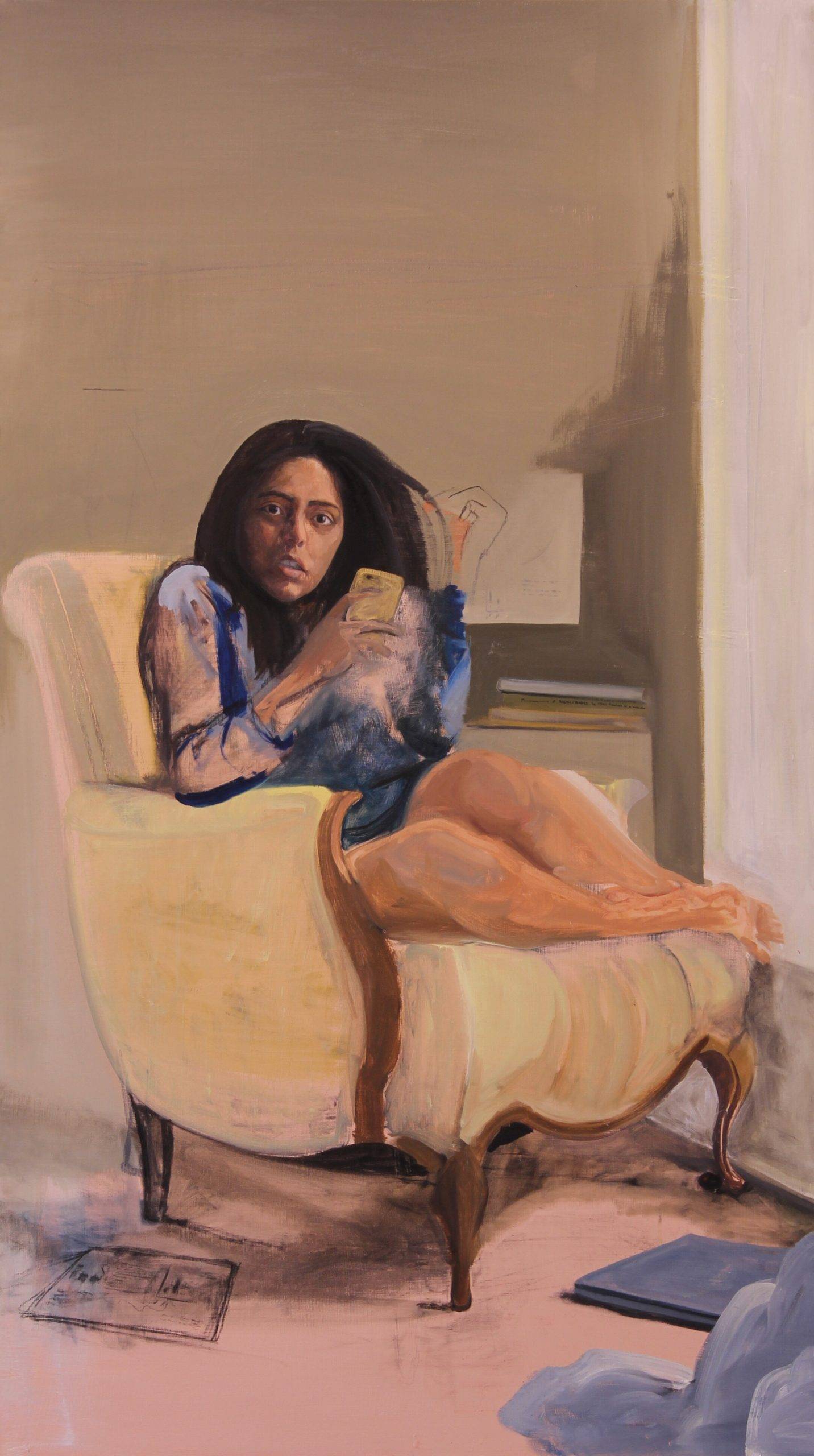 Painting of a woman sitting on an easy chair holding her phone, looking as though she was caught off-guard by the artist.