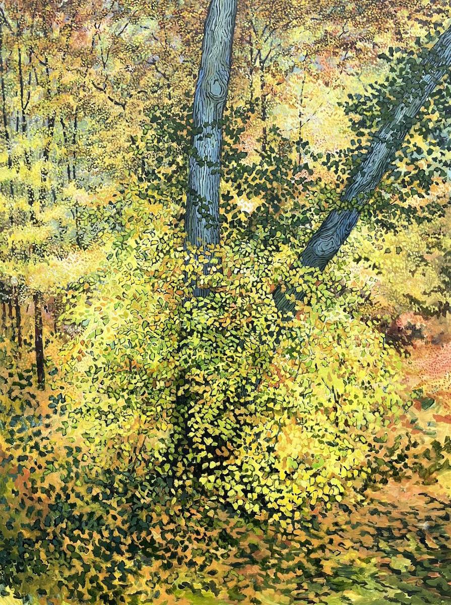 Painting of a verdant forest with exaggerated colors that give an unreal feeling to the scene.