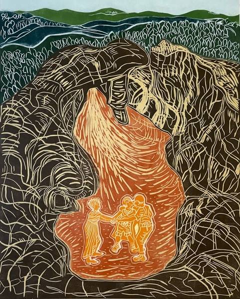 Woodcut ink print of three mysterious figures congregating underground in a mining area.