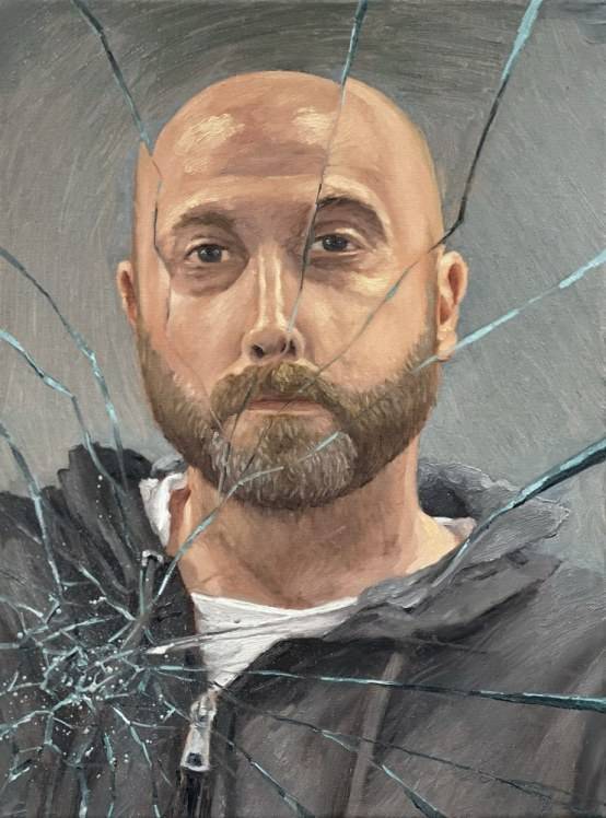 Realistic painting of a young, white, bald man, with visible cracks as if he is behind a broken window.