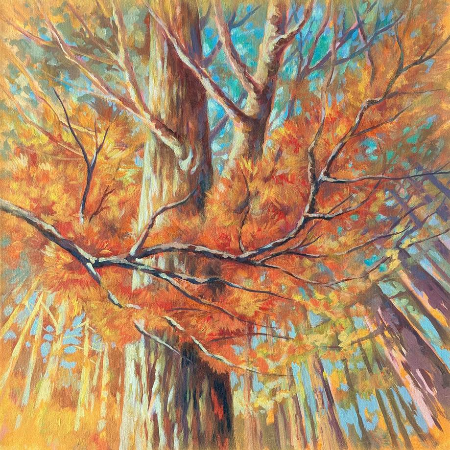 A lush and richly textured painting of a tree in autumn.