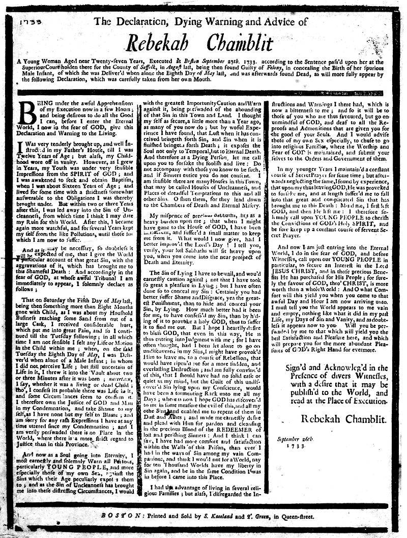 The 1733 declaration ascribed to Rebekah Chamblit, the subject of a novel-in-progress by Justine Dymond (Fiction/Creative Nonfiction Finalist '20).