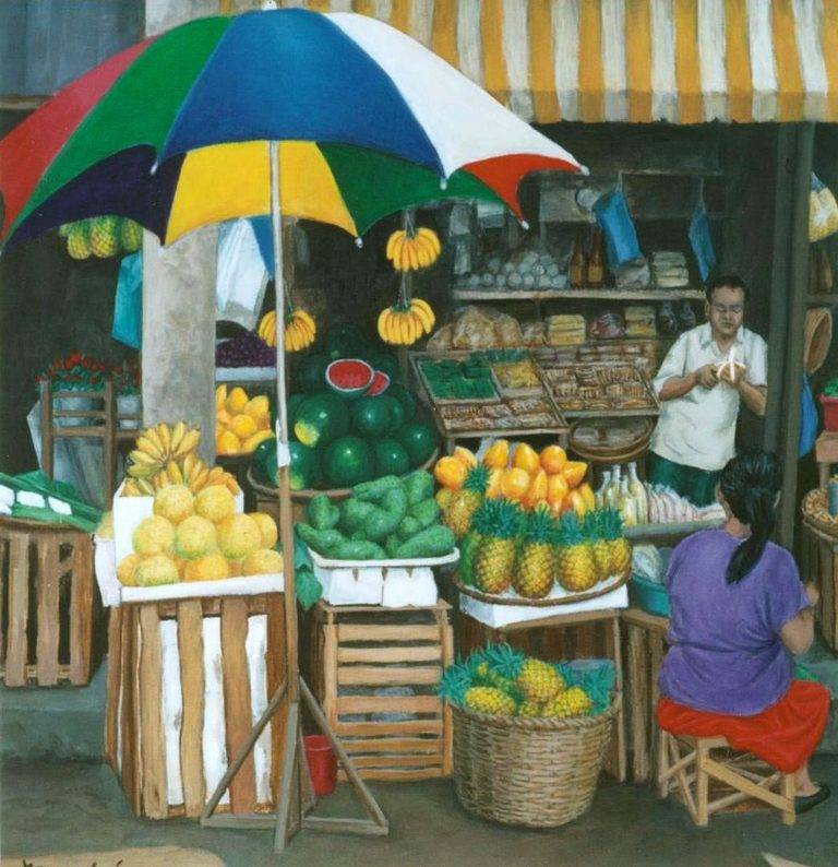 Vibrantly colored painting a fruitstand in an Asian market.