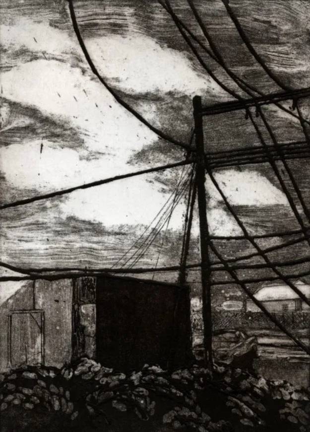 Black and white charcoal drawing of power wires over an industrial landscape.