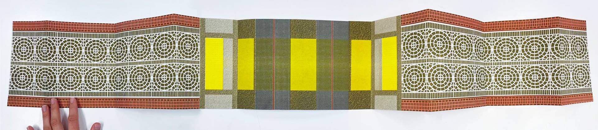 A patterned, abstract depiction of a street crosswalk on a long sheet of paper with many folds, currently unfolded.